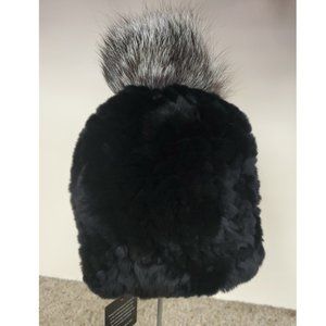 SALE Black Knitted Rex Rabbit Fur Beanie with Fox Pom